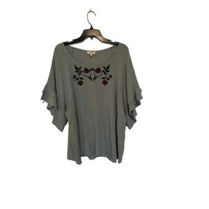 Umgee USA Women's Gray Layered Bell Sleeve Embroidered Tunic Top Size Large